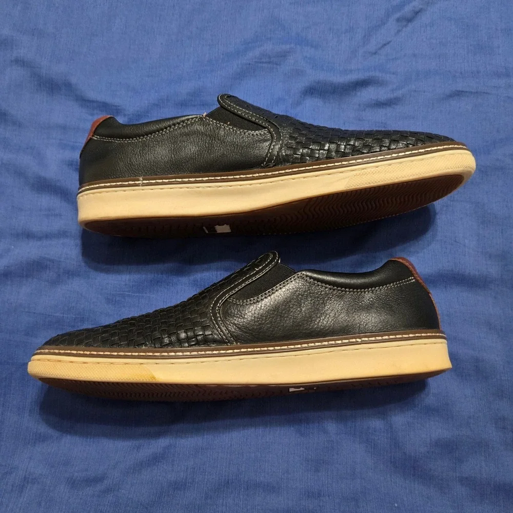 Johnston & Murphy Slip On SHEEPSKIN Mens 12M Black Woven Leather 25-8365 Sneaker